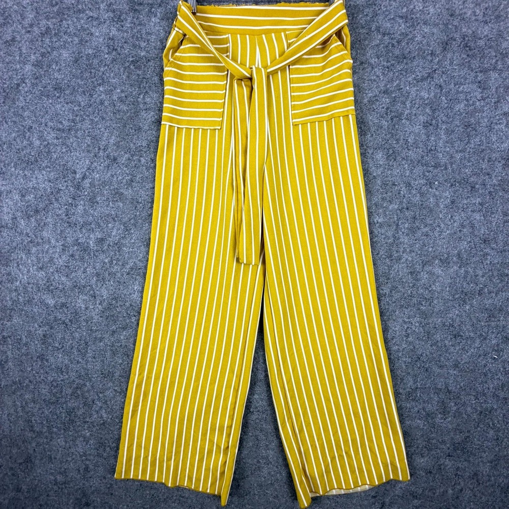 See You Monday Paperbag Pants Womens Medium Yellow Striped Wide Leg Flowy